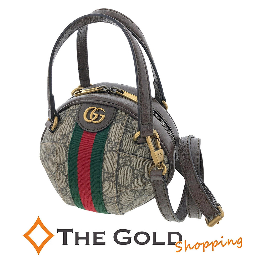 Gucci Ophidia GG Supreme Ball Round Pouch 2Way Shoulder Bag Canvas Leather Brown